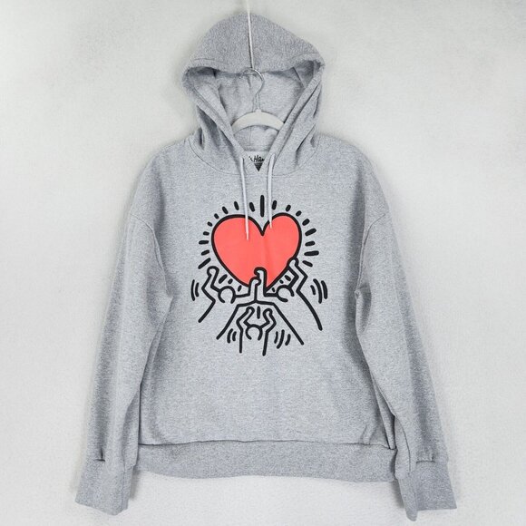 Keith Haring Sweater Mens Extra Large Gray Hoodie Holding Heart Streetwear Art - Picture 1 of 9